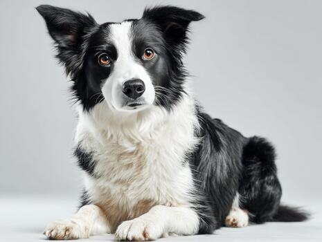 Border collie dog lying down looking at camera photo