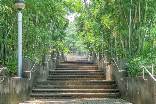 el pasos ascender dentro un pabellón de verde, creando un pacífico y atractivo atmósfera para exploración foto