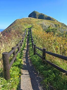 A wooden fence lines the path, guiding the viewer's eye towards the summit of the hill, creating a sense of journey and exploration photo