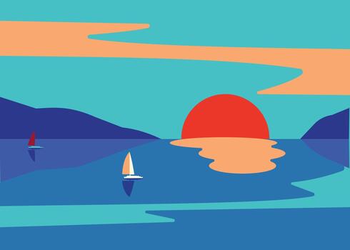 The sun is setting on the beach, in the middle there are several small boats anchored. Stock Illustration vector
