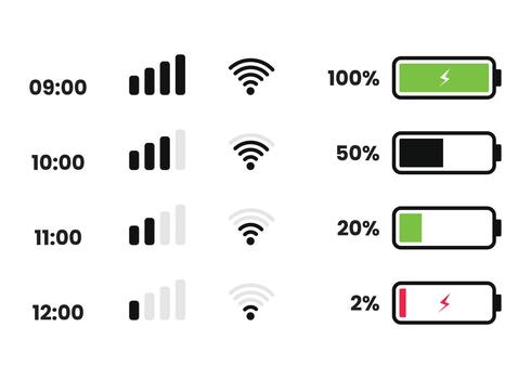 Phone power bar status. Phone time indicator, Wi-Fi signal. Battery life indicator, signal strength. Icons at the top of the phone screen. vector