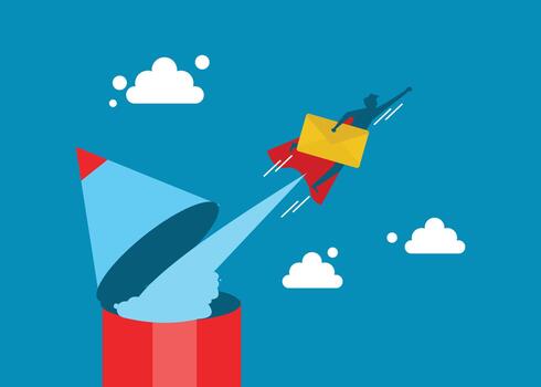 héroe envía un mensaje con un ilustración de él mismo volador mientras entregando él. desde lápiz vector