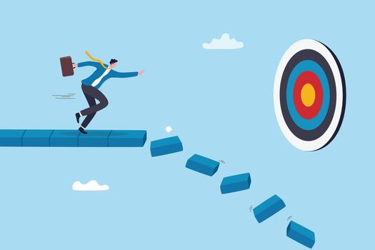 Hardship to missed business target, failure or struggle from uncertainty, mistake or loss and disappointment, shortfall or crisis concept, businessman run to miss target or goal from collapsing path. vector