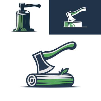 hacha corte Iniciar sesión escena con madera registro, hoja, y rústico bosque taller ilustración vector