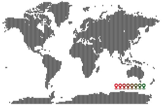 Vertical line shape world map featuring pixelated continents vector