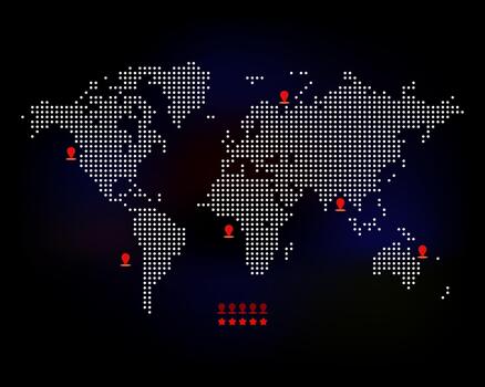 world map with dotted pattern shape. Digital global world map. Dotted world map in halftone style showing continents and countries representation with geographic layout. vector