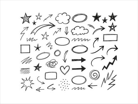casual notebook scribble elements with stars, arrows and shapes, vector