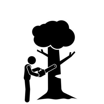 Illustration of a worker cutting down a tree using a chainsaw. vector