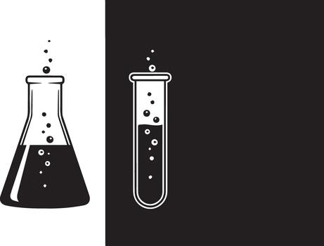 Stylized monochrome graphic of bubbling laboratory glassware, with conical flask and test tube for scientific concepts vector