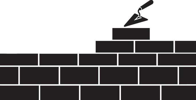 Monochromatic illustration of a brick wall in progress, with a masonry trowel adding a new brick, symbolizing construction, development, and growth vector