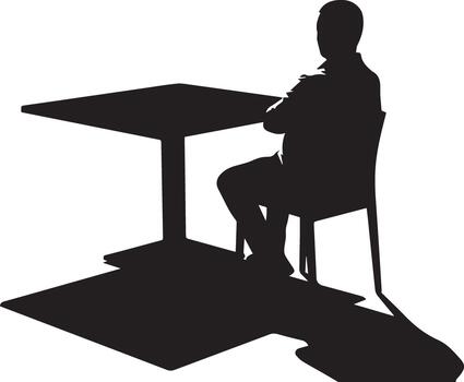 Silhouette of a person sitting at a table with crossed arms, casting a shadow on the floor vector