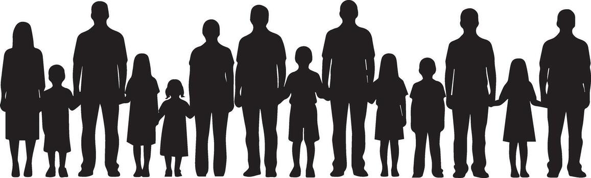 Diverse family silhouettes representing different ages and sizes, symbolizing unity and generations vector