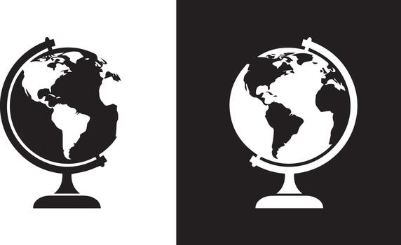 Black and white illustrations of a globe showing continents and oceans, perfect for educational or design projects vector
