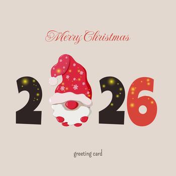 Merry Christmas greeting card with 2026 below, where the 0 is replaced by a festive gnome in red hat and mittens. Digits decorated with glowing lights. Playful and cozy design for seasonal use vector