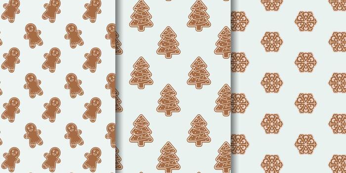 Set of three gingerbread-themed patterns on light blue diagonal gingerbread men, grid of tree-shaped cookies with icing, and grid of snowflake-shaped cookies. Festive and cozy design for seasonal use vector