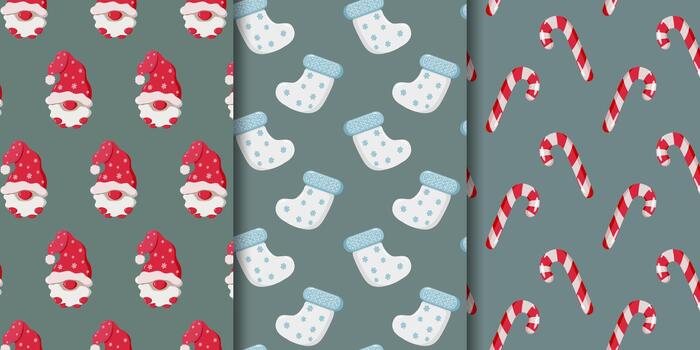 Set of three Christmas-themed wrapping paper patterns on muted green Gnome faces with snowflake hats, white stockings with blue cuffs, and diagonal red-and-white candy canes vector