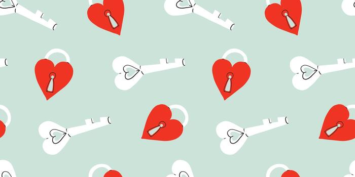 Seamless pattern with Romantic keys and locks for Valentine's day, mint background. Key, lock, heart. 8 March, Mother's day, Valentine's Day background. Textile, wrapping paper, email banner, fabric. vector