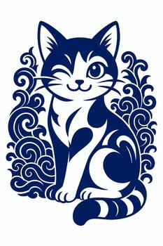 Smiling blue and white cat with floral patterns curling its tail in playful friendly pose vector