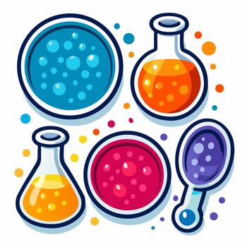 Playful colorful chemistry set of glass flasks and beakers filled with bright bubbling liquids, representing science fun, creative learning, and imaginative experiment energy vector