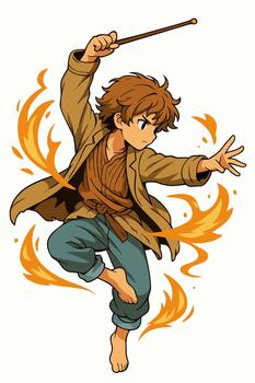 Agile young wizard boy leaping forward while channeling bright swirling fire magic with wooden wand in energetic fantasy action pose on pale warm field vector