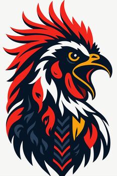 Striking rooster profile with flowing red, white and dark feathers forming ornate layered crest, sharp beak and proud alert expression in bold dramatic style vector