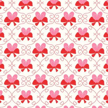 An elegant pattern with a pink heart, a red bow, and swirls on a beige background. Design for Valentine's Day, wedding invitations, textiles, and packaging. vector