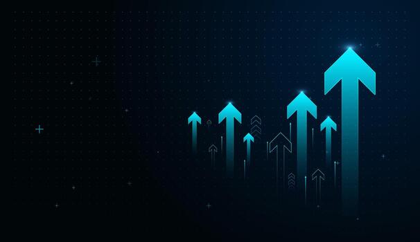 Multiple blue neon arrows ascend against a dark digital grid, illustrating upward momentum, success, and data-powered advancement. Ideal for technology, analytics vector