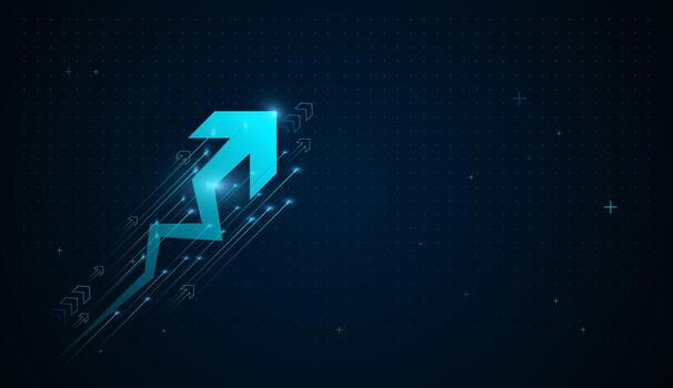 A glowing digital arrow shoots upward against a dark tech background, symbolizing growth, progress, and innovation. The futuristic blue lines and geometric elements rising success vector