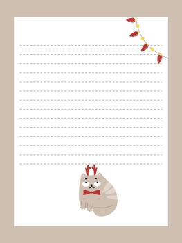 New Year's themed page template with a funny cat wearing reindeer antlers and a string of lights. vector