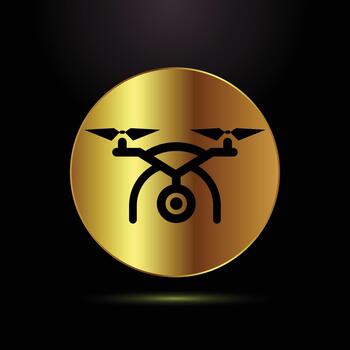 Drone design on golden badge flying device concept for innovative technologies in modern age vector