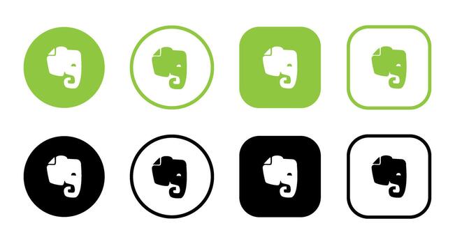 A set of evernote logo variations in green and black color schemes with different shapes and outlines vector
