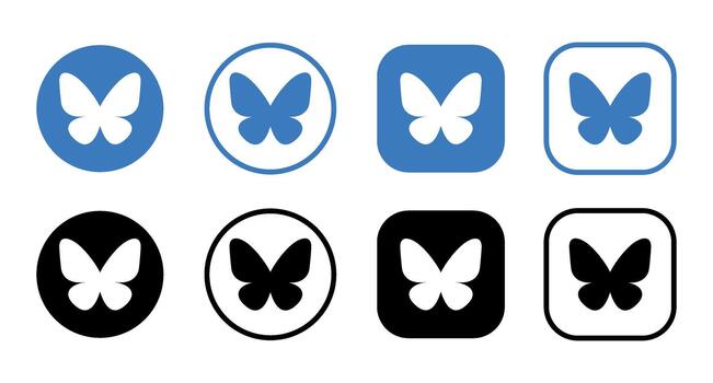un conjunto de mariposa íconos en azul y negro colores con diferente formas y contorno estilos desplegado vector