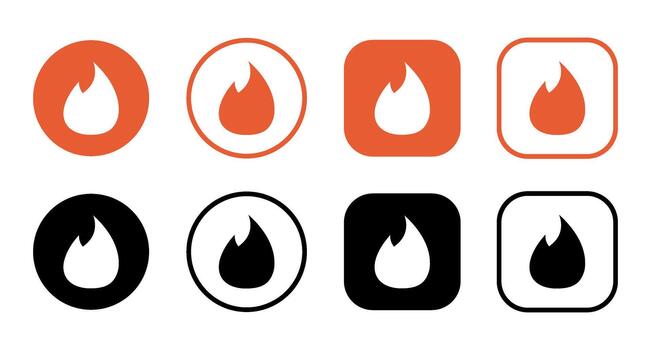 A set of fire icons in orange and black with round and square shapes on a white background design vector