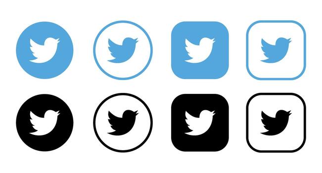 A collection of twitter logos in various colors and shapes displayed against a white background evenly spaced vector