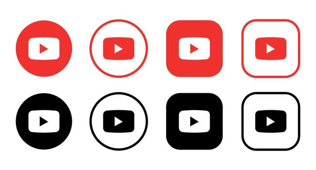 A set of eight youtube logo variations in red and black colors with different shapes and outlines vector