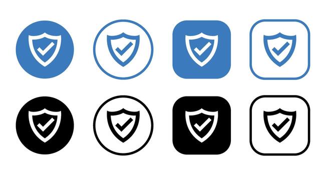 A set of eight shield icons with check marks in blue and black circular and square shapes on white vector