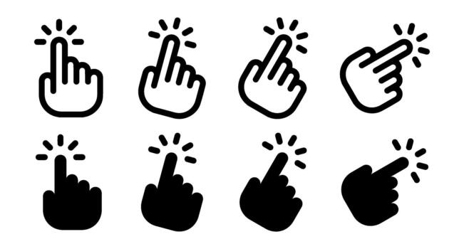 A collection of eight hand cursor icons in black and white showing a finger pointing upwards clicking vector