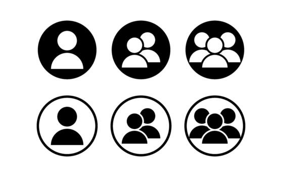 Representation of single and multiple people icons in black and white circles on a white background vector