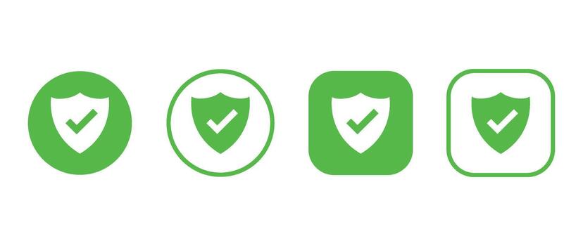 Four green verified badge icons with shield and checkmark in circle and square shapes on white background vector