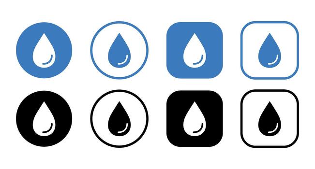 A collection of water drop icons in blue and black, presented in circles and rounded square shapes vector