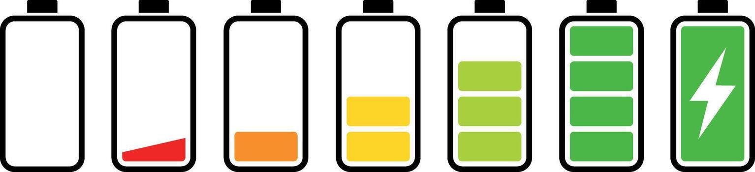 Battery charge levels showing progression from empty to full and charged on a white background vector