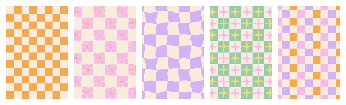 Set of Y2K seamless retro groovy simple checkered background. Retro pattern with a groovy checkerboard design. vector