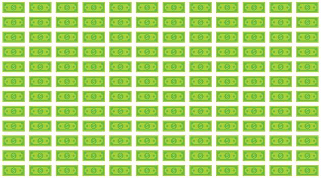 Seamless pattern background of uniformly arranged small green paper currency illustrations, repeating financial concept print, monetary symbols wallpaper vector