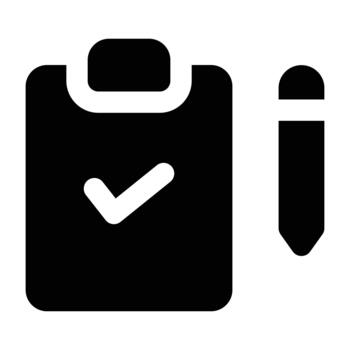 Solid black silhouette of a test board with a check mark, designed for education visuals and learning materials in a clean modern style. vector