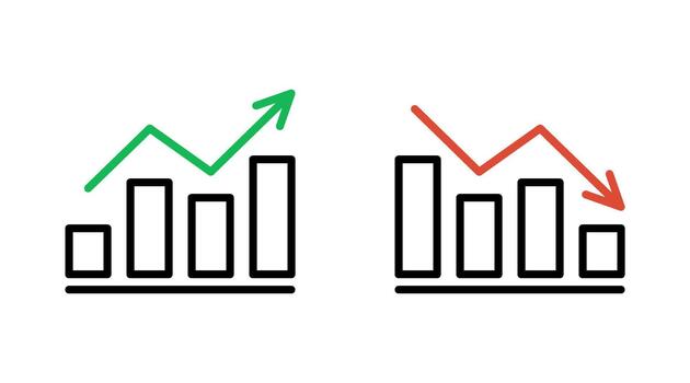Graph growth with arrow up and reduction with arrow down, line chart icon. Financial invest, fall, increase and decrease. Statistics and analytics. flat illustration vector