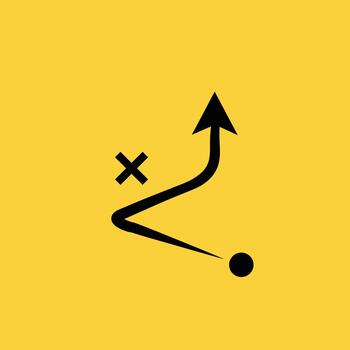 estratégico juego plan con un devanado camino, objetivo, y comenzando punto en un amarillo antecedentes vector