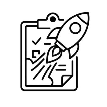 Line art icon representing a rocket launch taking off from a completed checklist on a clipboard vector
