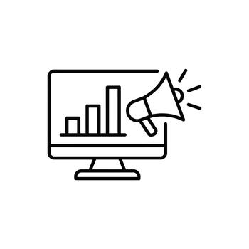 Line icon of computer monitor displaying bar chart with megaphone announcing result vector
