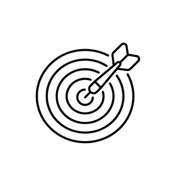 Black and white line icon of a dart hitting the bullseye of a target vector