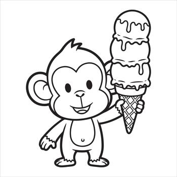 Cartoon monkey character holding a triple scoop ice cream cone with dripping topping vector